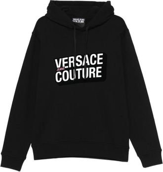 Versace Jeans Couture Hoodies, male, Black, L, Black Hooded Sweatshirt with Logo Lettering