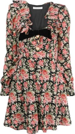 Alessandra Rich Black Rose-print Silk Minidress