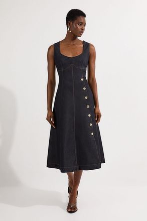Karen Millen Womens Tailored Denim Sleeveless Full Skirted Midi Dress - Indigo Blue Cotton - Size 6 UK