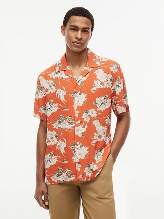 Tommy Hilfiger Mens Regular Fit Floral Linen-Blend Camp Shirt - Orange - XXL
