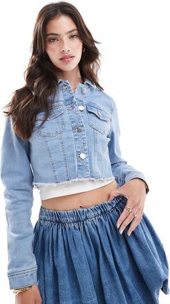 Only cropped denim jacket in light wash blue