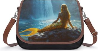 Generic Golden Mermaids Crossbody Bag Womens Handbag PU Message Bags Shoulder Purse with Adjustable Strap