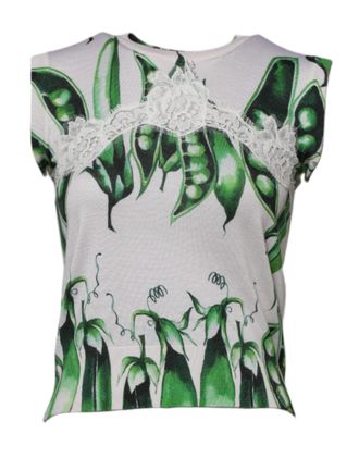 Dolce & Gabbana Womens White Green Pea Print Sleeveless Blouse Top Viscose Silk Cotton Nylon