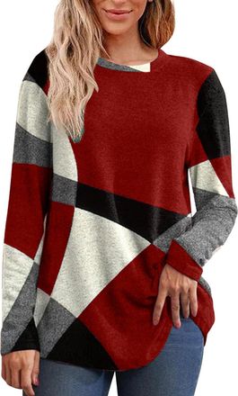 Generic Jumpers for Women UK 2025 Autumn Winter Fleece Tops Ladies Long Sleeve Crewneck Pctchwork Printed Pullover Trendy Geometric Print Blouse Ladies Casual