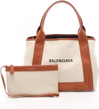Balenciaga Brown Ivory Canvas Leather Handbag Pouch Tote Bag (Pre-Owned)