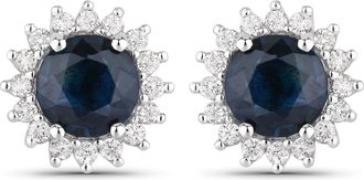 Diana M. Jewels Blue Sapphire Round 6mm - 2Pcs + White Diamond F/C Round 1.30mm( I1-I2/I color ) - 32Pcs ( Post in the middle ) ( Push (PBF03) (5.10x4.70mm) Post )