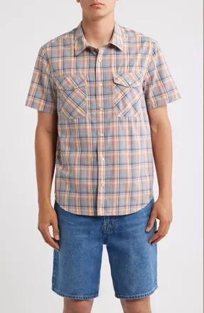 Brixton The Breezy Wayne Plaid Short Sleeve Shirt in Blue Multi Plaid at Nordstrom, Size Xx-Large