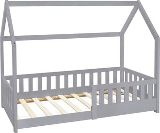 ML Design Ml-design Cama Infantil Casa Gris Claro 80x160 Cm De Madera De Pino Con Protecci&oacute;n Antica&iacute;da, Techo Y Somier Estructura De Listones, Cuna De Suelo Mac