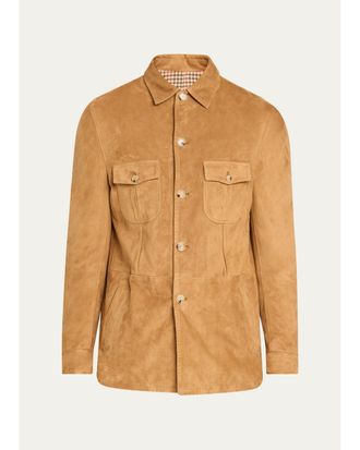 Cesare Attolini Mens Suede Check-Lined Shirt Jacket