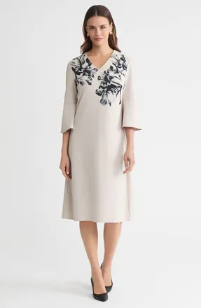 Ming Wang A-Line Floral Printed Stretch Deco Crepe Dress in Limestone/black at Nordstrom, Size Xx-Small