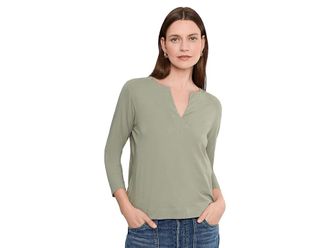 Lilla P Side Slit Split Neck Top Womens Clothing Seagrass : XS, Cotton