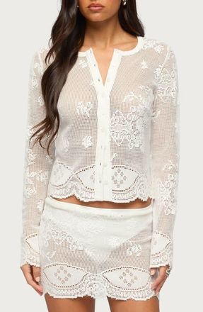 Edikted Rusa Sheer Open Stitch Button-Up Shirt in White at Nordstrom, Size X-Large