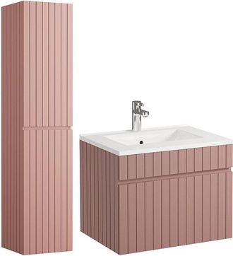 Vente-Unique Mueble de baño suspendido estriado rosa con lavabo encastrado y columna - 60 cm - SATARA