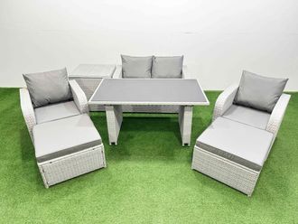 Fimous Outdoor Rattan Garden Furniture Dining Set 6-seater with Side Table in Light Grey