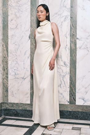 Karen Millen Womens Satin Viscose Drape Cowl Neck Maxi Dress - Yellow - Size 14 UK