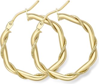 Jewelco London 9ct Gold Rope Entwined Twist Hexagonal Hoop Earrings 2mm - ERNR02323
