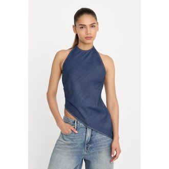 Good American Womens Asymmetric Hem Halter Top | Indigo, Size Medium | Good American by Khlo&Egrave; Kardashian