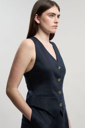 Karen Millen Womens Tailored Linen Corset Back Detail Waistcoat - Navy Lyocell - Size 8 UK