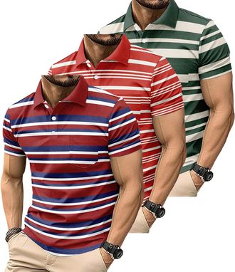 Generic 3 Pack Mens Fashion Color Block Polo Shirts Casual Short Sleeve T Shirt Striped Moisture Wicking Golf Shirts Tops (UK, Alpha, XXL, Regular, Regular, 9