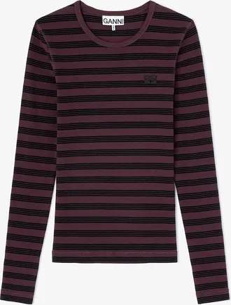 Ganni Brown Stripe Rib Long-sleeve - Size XXS Organic Cotton