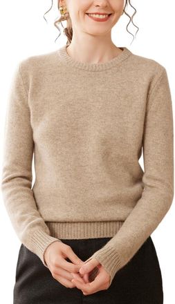 Dissa Women Cashmere Jumper Brown Crewneck Knitted Jumper Long Sleeve Relaxed Cashmere Wool Thick Solid Color Ladies Sweater,UK 12,SPR2448