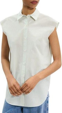 Theory Stripe Cap Sleeve Button-Up Shirt in Green Multi at Nordstrom Rack, Size Petite
