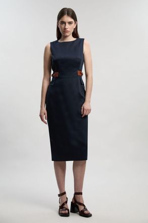 Karen Millen Womens Tailored Linen Tab Waist Pencil Midi Dress - Navy Lyocell - Size 16 UK