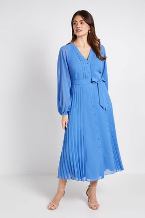 Wallis Womens Chiffon Pleat Detail Midi Dress - Blue - Size 16 UK