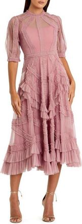 Mac Duggal Petite Illusion High Neck Tiered Ruffle A-Line Midi Dress in Antique Rose at Nordstrom, Size 14P