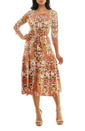 Nina Leonard Crewneck Three-Quarter Sleeve Midi Dress in Sunset Multi at Nordstrom Rack, Size X-Large