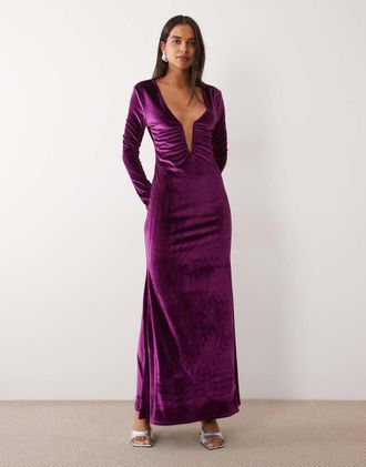 Asos vestito lungo in velluto con scollo profondo e maniche lunghe color prugna-Viola