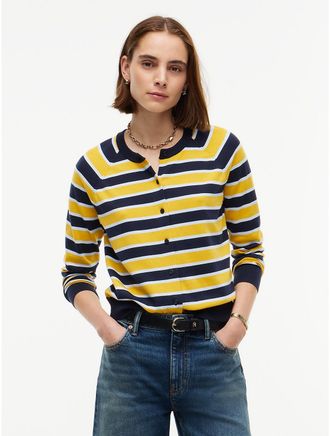 Tommy Hilfiger Womens Slim Fit Striped Crewneck Cardigan - Studio Stripe Blue - XXS
