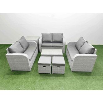 Fimous 7 Seater pe Wicker Rattan Furniture Sofa Sets with Rectangular Coffee Table 2 Seater Love Sofa Big Footstool 2 Side Table Light Grey - Fimous