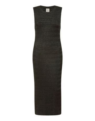 Yumi Black Lurex Knitted Dress, Sleeveless Midi Length, Fine Stretch Knit (UK, Alpha, S, Regular, Regular, Black)