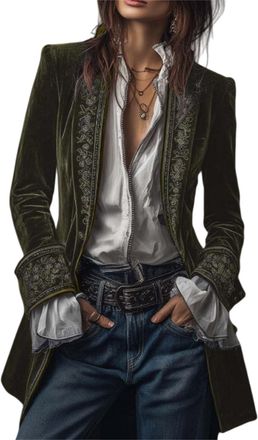 Generic Vintage Navy Polyester Velvet Embroidered Long Jacket, Velvet Blazer Jacket for Women Open Front Steampunk Outerwear (Olive Green,M)