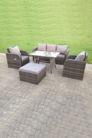Fimous PE Rattan Garden Furniture Set Adjustable Chair Sofa Lounge 3 Seater Sofa Oblong Rectangular Dining Table Footstool in Dark Grey