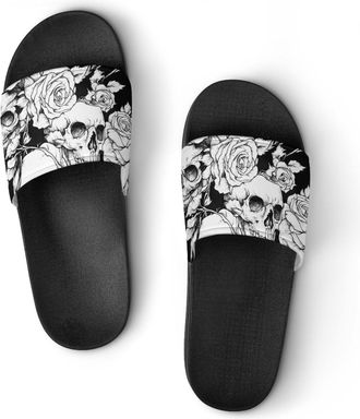 Generic Black And White Roses Skulls Shower Shoes Slipper for Women Men Beach Slippers Quick Drying Non Slip Open-Toe Sandals