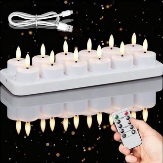 No Brand 12 Velas Led Recargables Con Base De Carga Y Cable Usb, Intermitentes, Con Mando A Distancia, Temporizador, Regulables Y De Luz Blanca C&aacute;lida