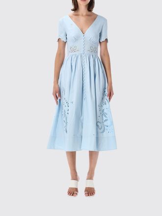 Self Portrait A-Line Midi Dress in Embroidered Cotton with Lace Inserts