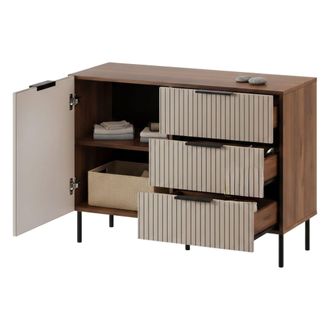 Dmora Aparador Grado, Aparador De Sal&oacute;n Con Una Puerta Abatible Y Tres Cajones, Elevado Del Suelo, 104x42 H75 Cm, Nogal Y Beige