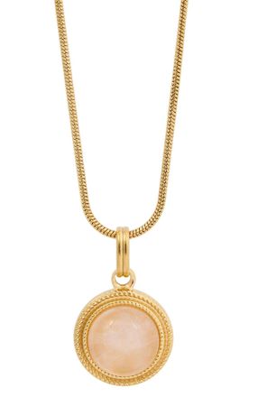 Savvy Cie Jewels GOLD PLATED ROUND ROSE QUARTZ PENDANT WITH SNAKE CHAIN