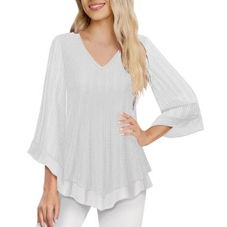 Generic Women Tops 3/4 Sleeve Sparkly Dressy Blouses Ladies V Neck Ruffle Glitter Tunic Tops Double Layers Mesh Shirt Flowy Casual Flared Sleeve Tshirts Light