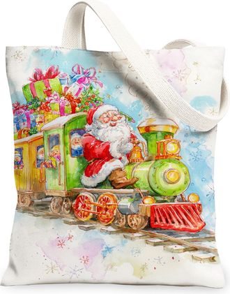 Generic Christmas Train Canvas Tote Bags, Santa Holiday Pattern Reusable Bags, Colorful Lightweight Washable Shoulder Strap Canvas, White, 13x15 Inch