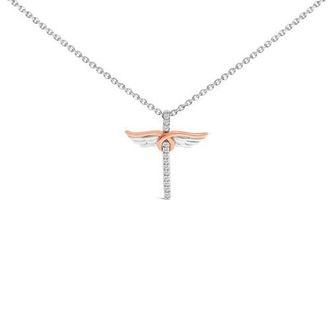 House of Brilliance 14K Rose Gold Plated Sterling Silver 1/5 Cttw Diamond Wing Cross Pendant Necklace in White Gold Over Silver at Nordstrom