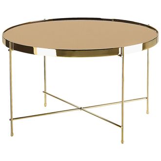 Beliani Beliani - Mesa De Centro Con Tapa De Vidrio Templado Marr&oacute;n Dorado Y Patas De Metal Dorado Redonda Estilo Glamour Lucea