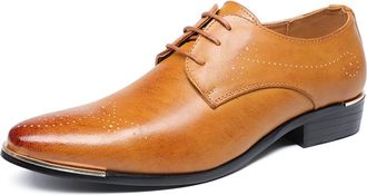 Generic Dress Shoes for Men Lace Up Wing tip Burnished Toe Derby Shoes Vegan Leather Block Heel Low Top Anti-Slip Rubber Sole Business(Yellow,9.5 UK)