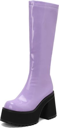 Generic Womens Patent Leather Casual Long Boots Block High Heel Knee High Boots Round Toe Platform Boot with Side Zipper,Purple,3.5 UK