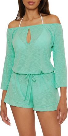 BECCA by Rebecca Virtue Breezy Basics Off the Shoulder Cover-Up Romper in Aqua Sea at Nordstrom Rack, Size Medium