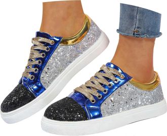 Generic Womens Glitter Shoes Sparkly Lightweight Metallic Sequins Tennis Sneakers Dressy Lace up Walking Shoes Comfortable Fashion Low Top Shiny Flat Trainers