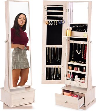 Best Choice Products 360 Swivel Standing Mirrored Jewelry Cabinet, LED-Lit Makeup Organizer w/ Mirror - White